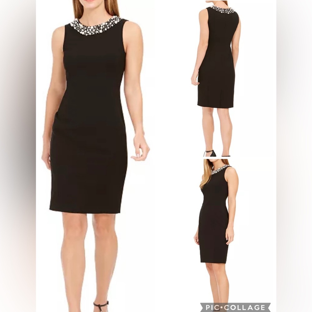 Calvin Klein Black Dress Faux Pearl Trim Sheath Mini 6 Cocktail LBD